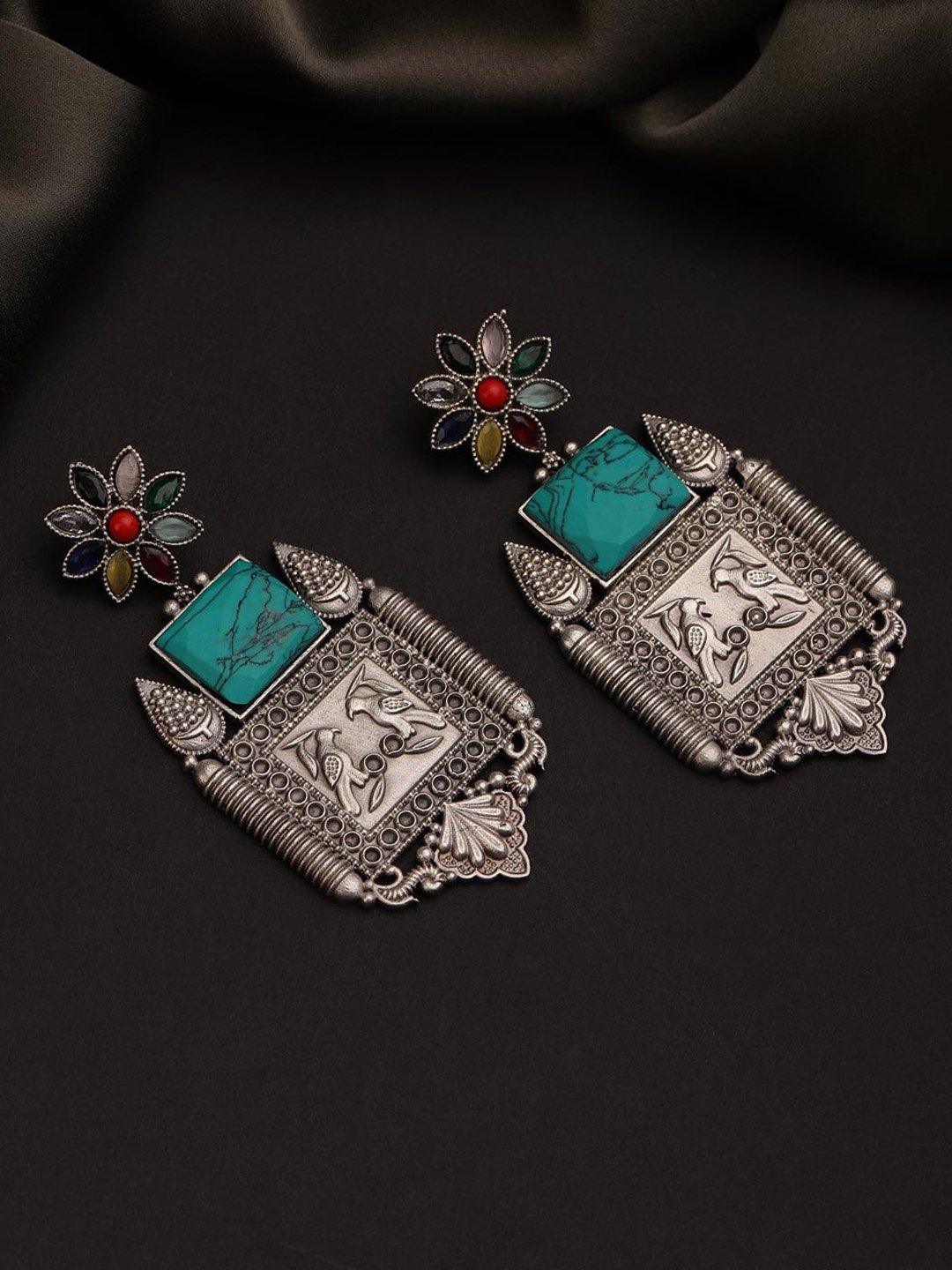 

Fabindia Metal Stone Studded Geometric Drop Earrings, Silver