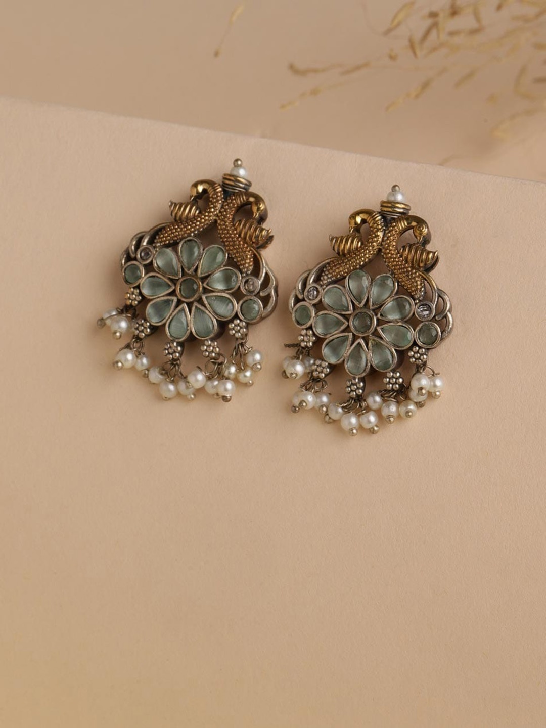 

Fabindia Floral Artificial Stones and Beads Drop Earrings, Gold