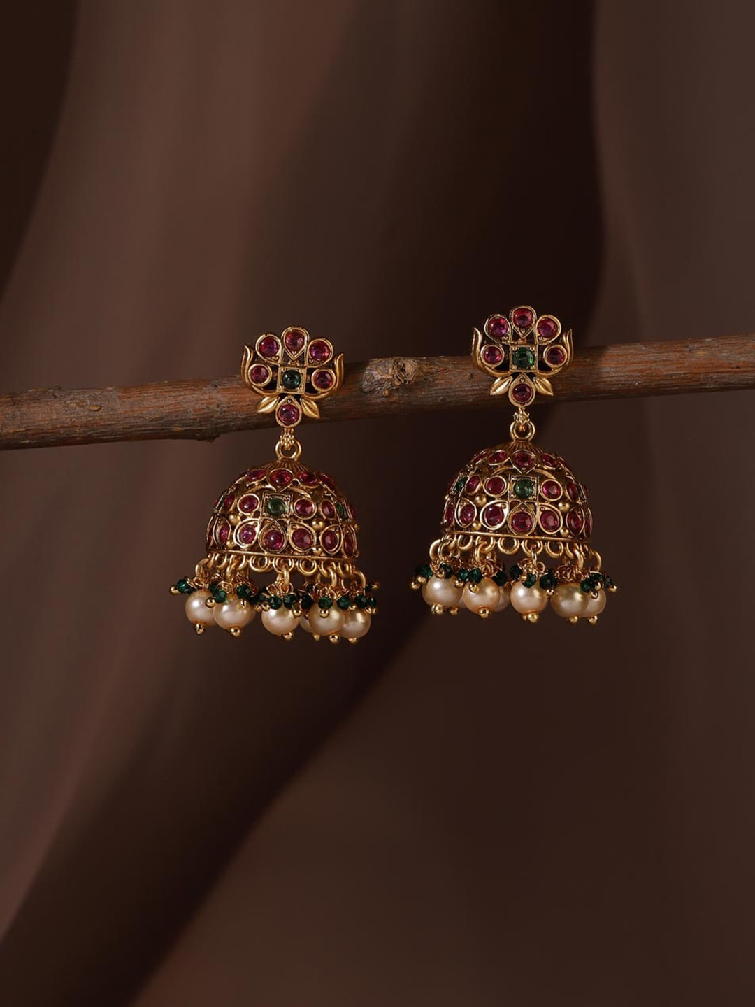 

Fabindia Metal Stone Studded & Beaded Dome Shaped Jhumkas, Gold