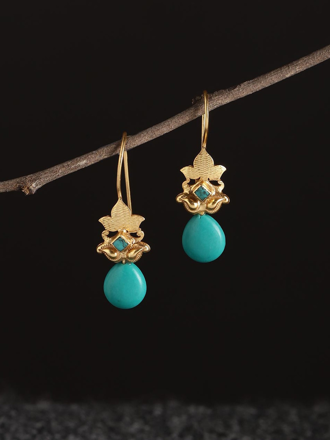 

Fabindia Silver Teardrop Shaped Stones Studded & Beaded Drop Earrings, Gold