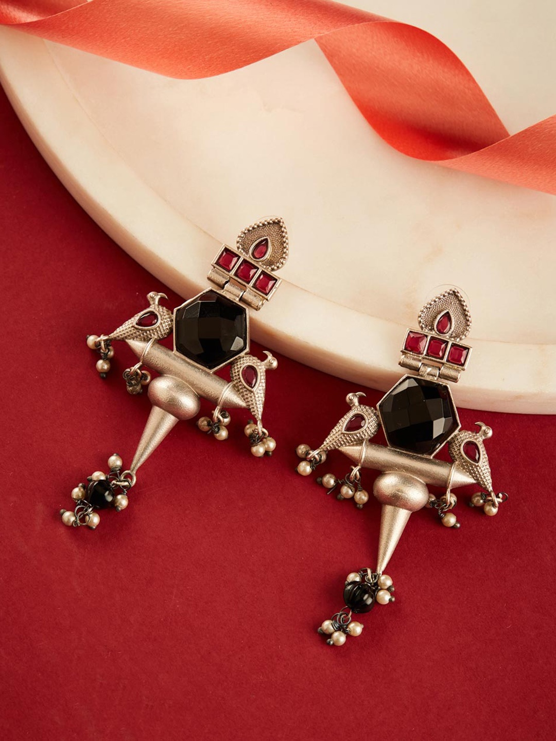 

Fabindia Stainless Steel Artificial Stones Studded Contemporary Drop Earrings, Gold