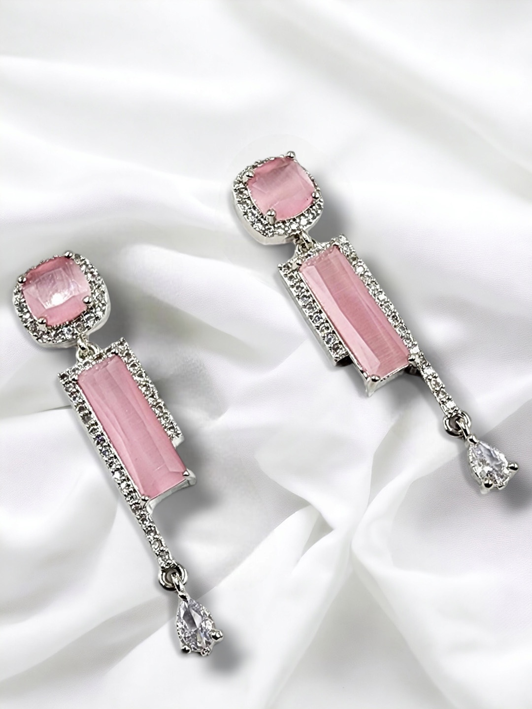

DressBerry Pink Rhodium-Plated Cubic Zirconia Contemporary Drop Earrings