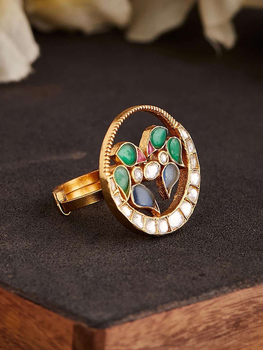 

Fabindia 92.5 Sterling Silver Gold Plated Kundan Studded Finger Ring