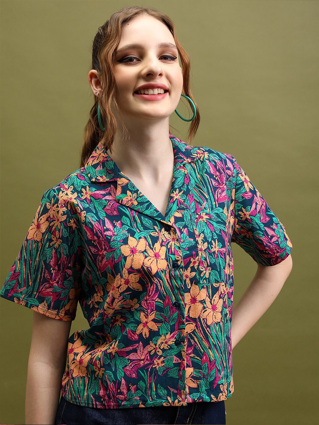 

Tokyo Talkies Teal Green Floral Printed Cotton Shirt Style Top