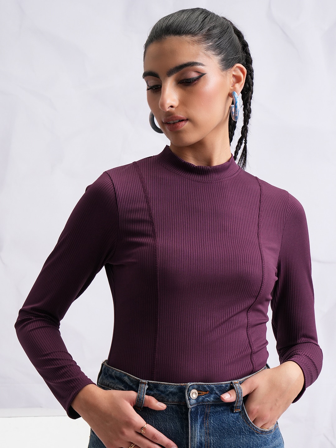 

Tokyo Talkies Mock Neck Full Sleeve Top, Purple
