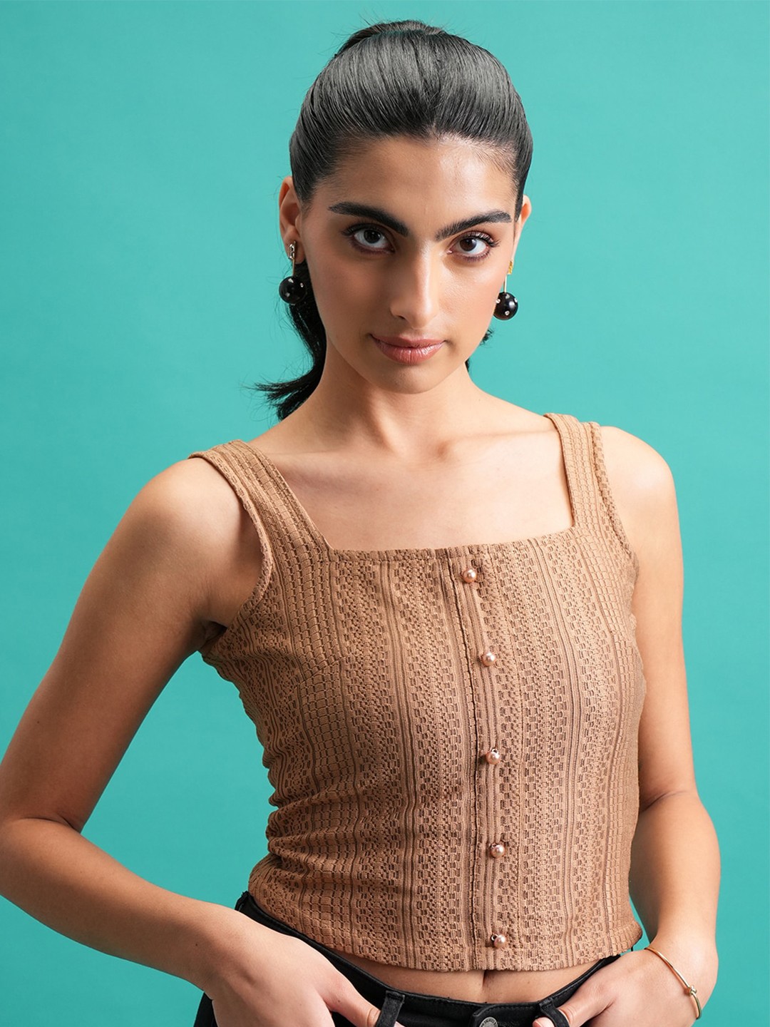 

Tokyo Talkies Brown Self Design Crochet Smocked Crop Top