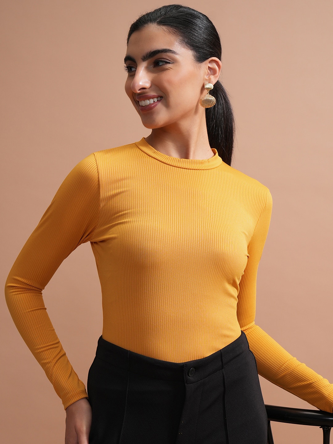 

Tokyo Talkies Yellow Rib Crew Neck Long Sleeve Button Trim Detail Fitted Top