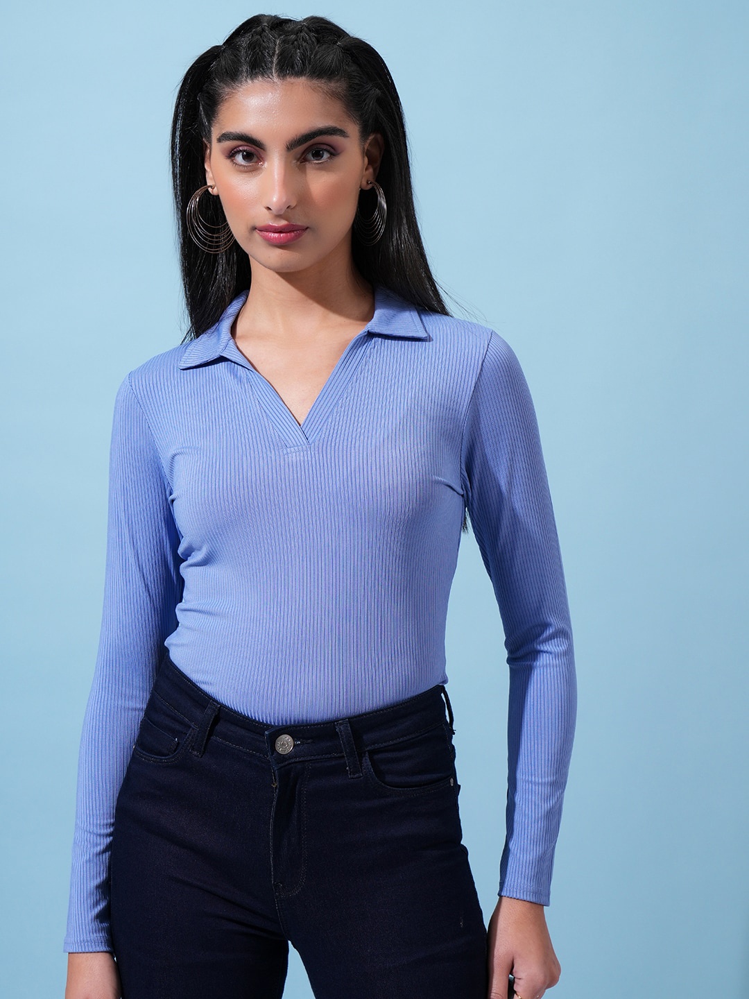 

Tokyo Talkies Blue Shirt Collar Long Sleeves Top