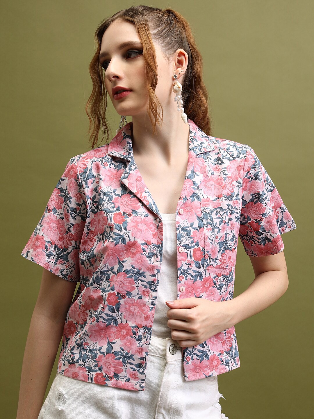 

Tokyo Talkies Floral Print Cotton Shirt Style Top, Pink