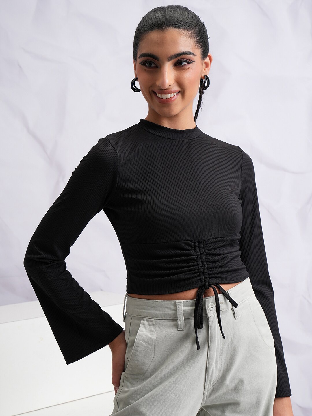 

Tokyo Talkies Black Waist Tie-Ups Fitted Crop Top