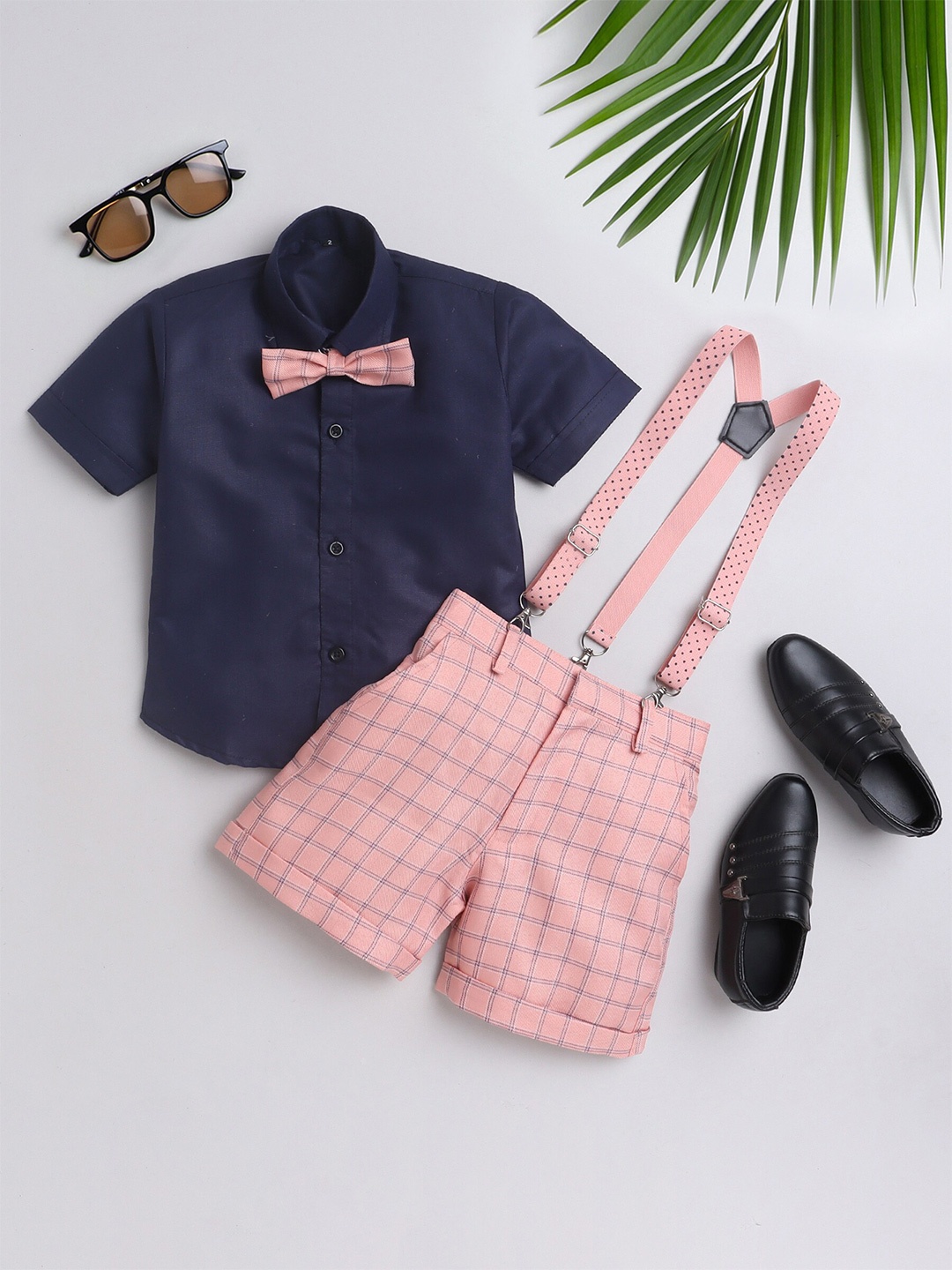 

Jeetethnics Boys Shirt Collar Shirt & Shorts With Suspenders, Peach