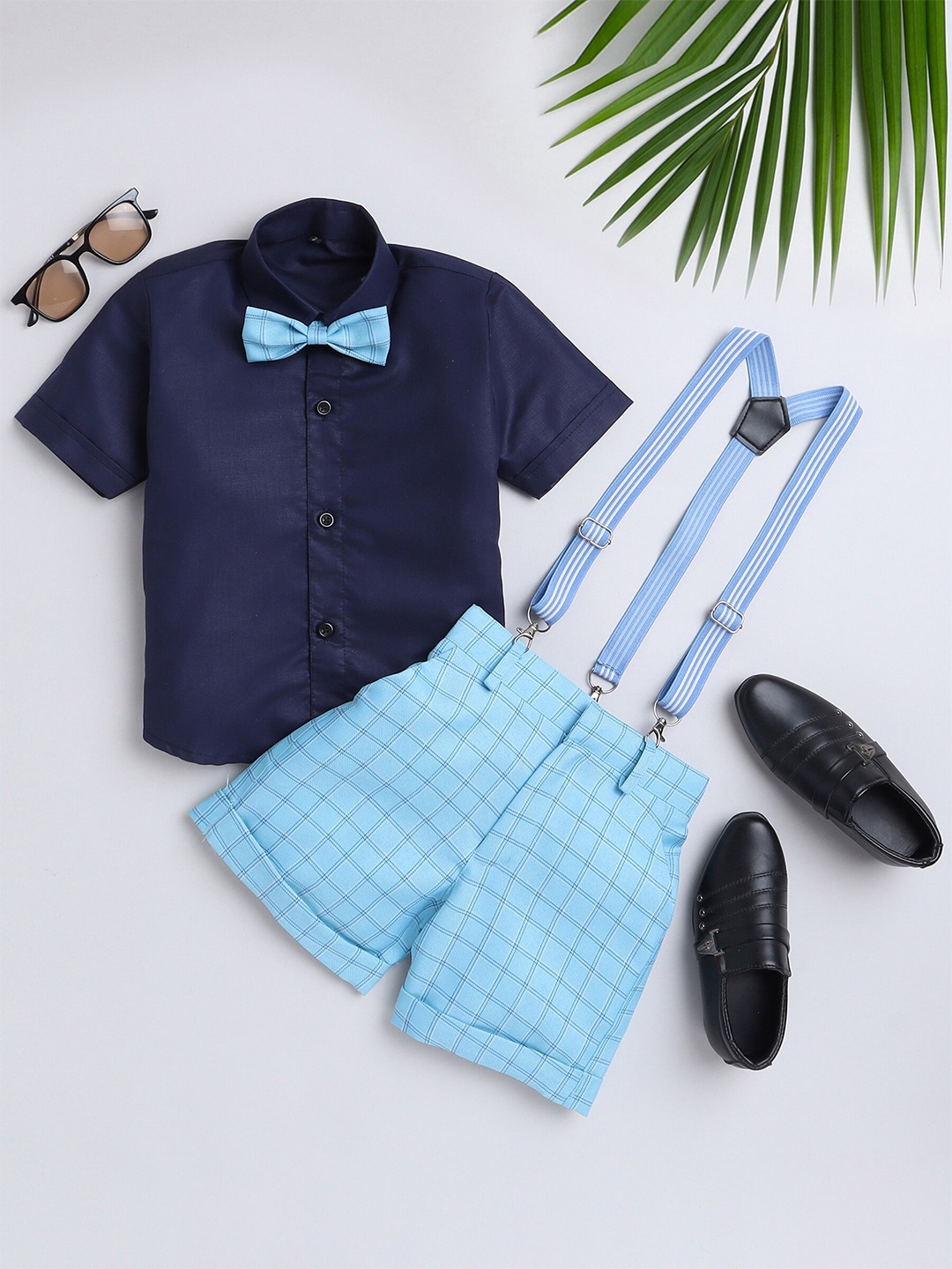 

Jeetethnics Boys Shirt Collar Shirt & Shorts With Suspenders, Blue