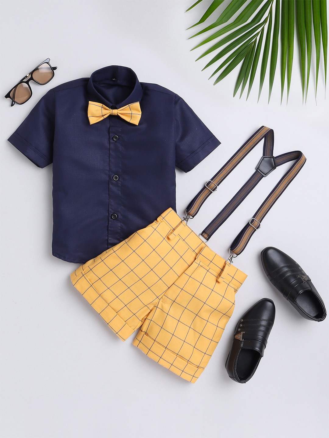 

Jeetethnics Boys Shirt Collar Shirt & Shorts With Suspenders, Yellow