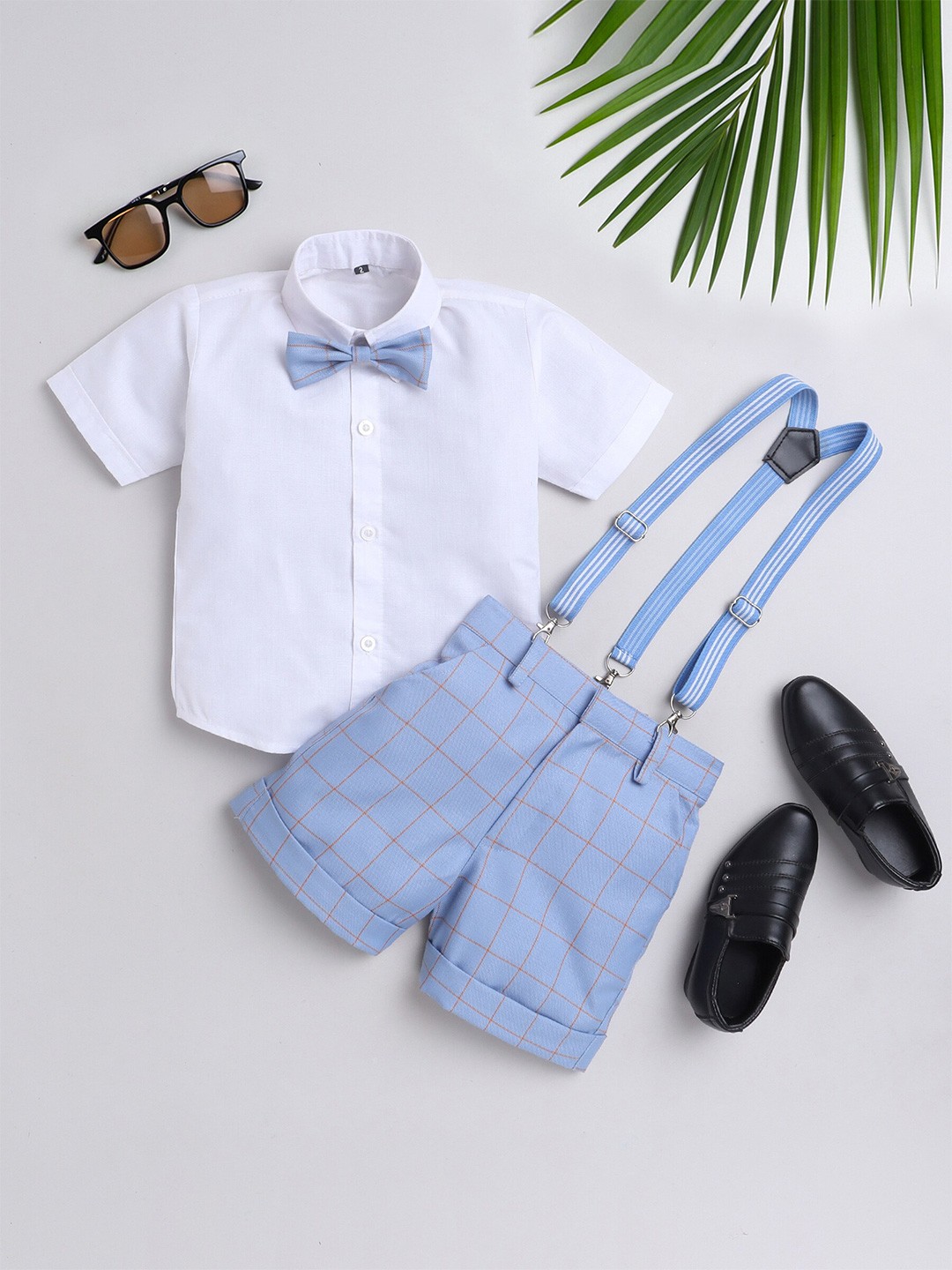 

Jeetethnics Boys Shirt Collar Shirt & Shorts With Suspenders, Blue