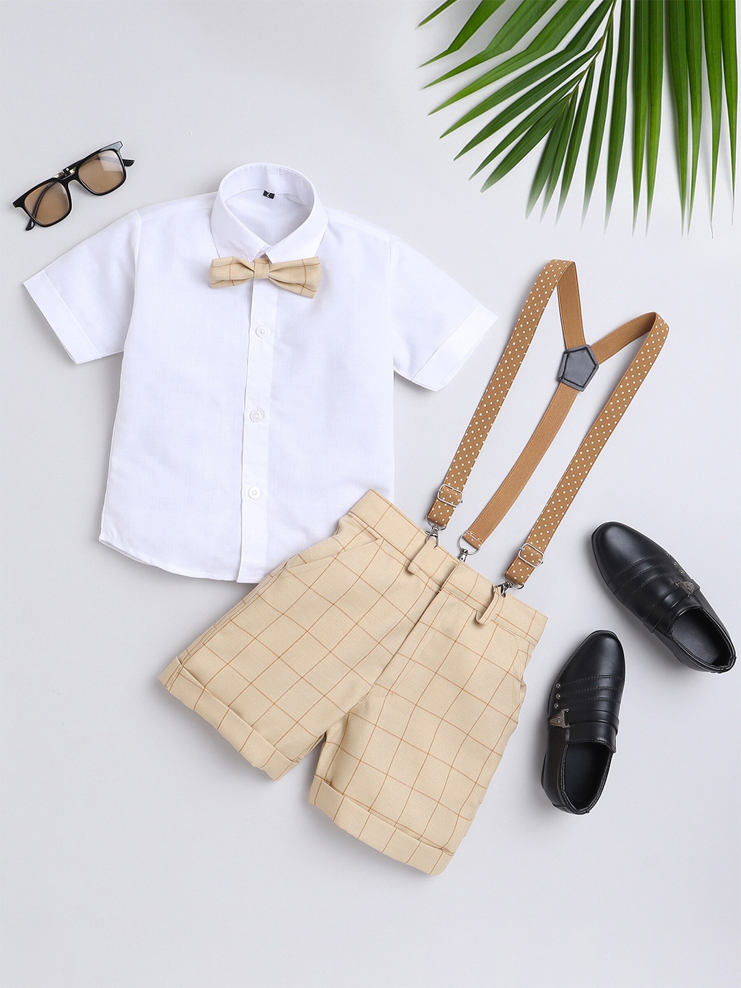 

Jeetethnics Boys Shirt Collar Shirt & Shorts With Suspenders, Beige