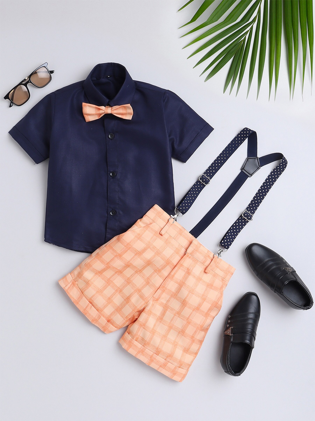 

Jeetethnics Boys Shirt Collar Shirt & Shorts With Suspenders, Orange