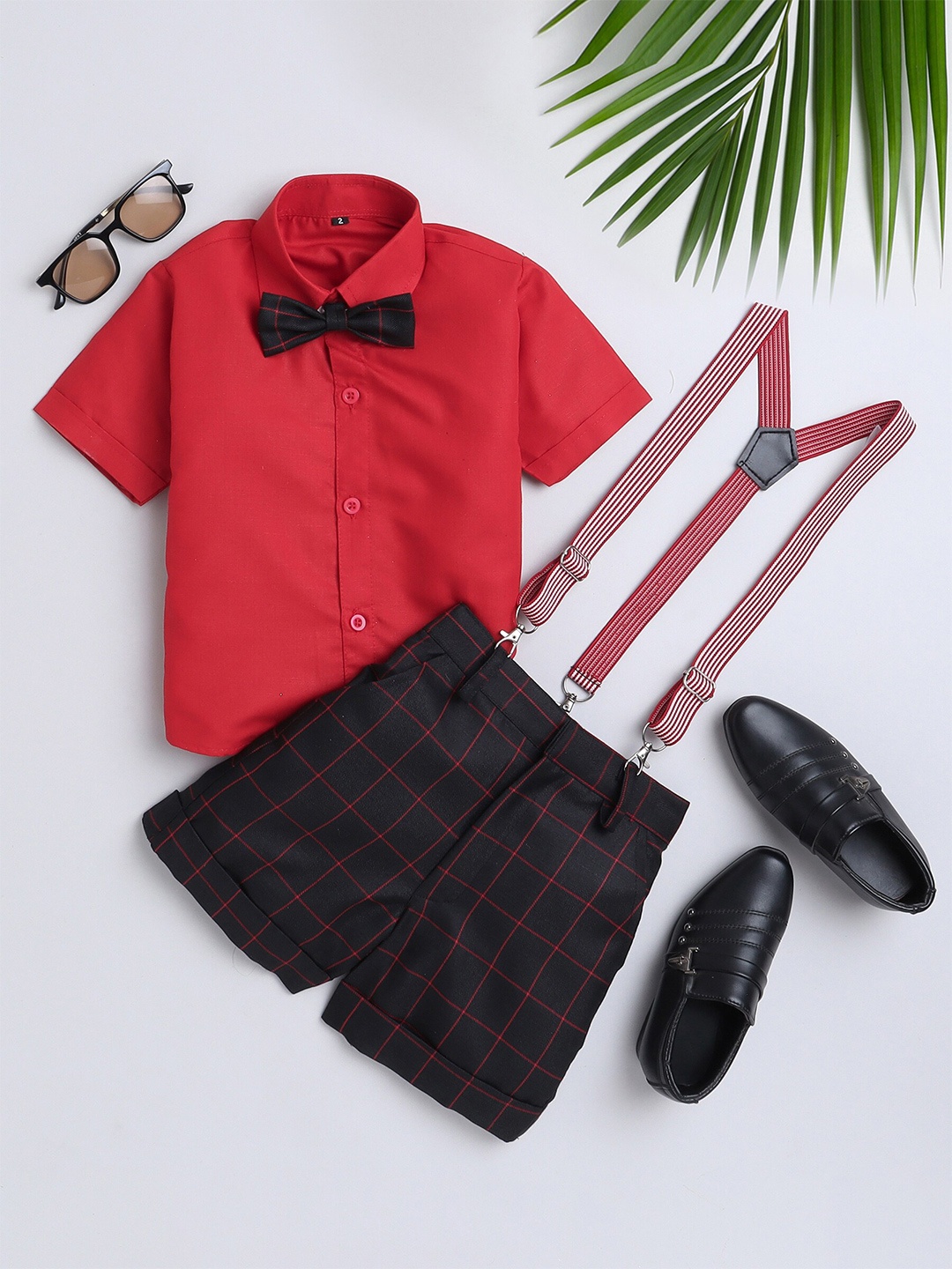 

Jeetethnics Boys Shirt Collar Shirt & Shorts With Suspenders, Black