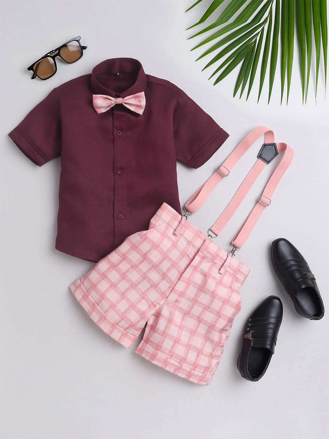 

Jeetethnics Boys Shirt Collar Shirt & Shorts With Suspenders, Peach