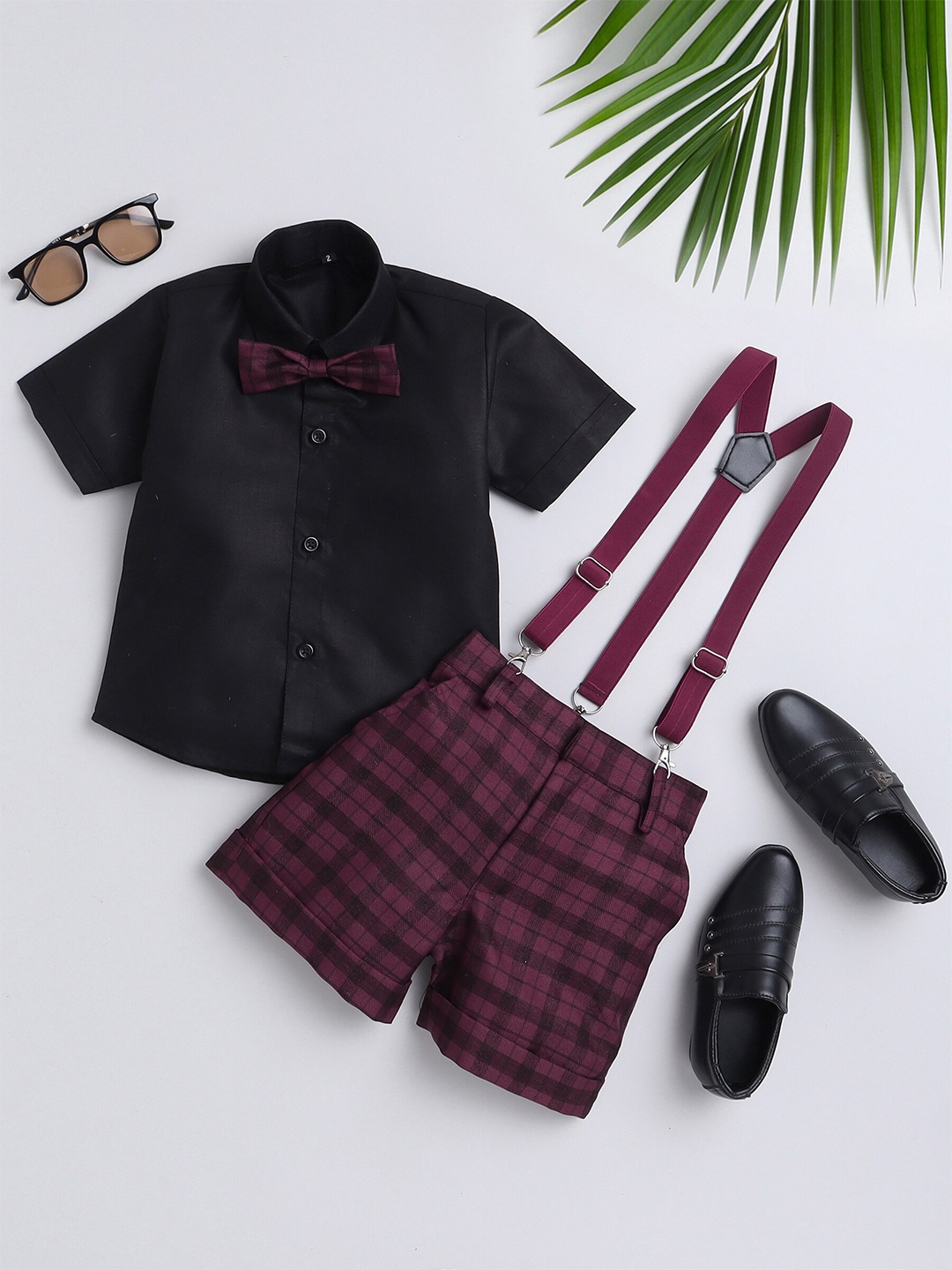 

Jeetethnics Boys Shirt Collar Shirt & Shorts With Suspenders, Maroon