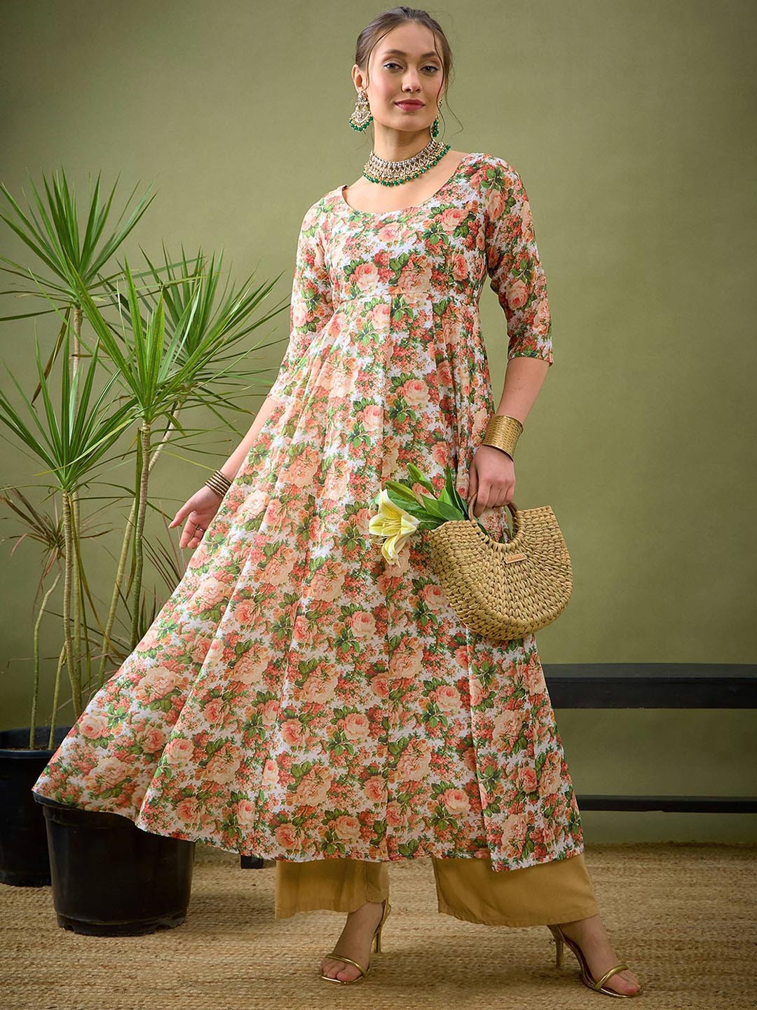 

Shae by SASSAFRAS Floral Printed Round Neck Chanderi Silk Anarkali Kurta, Peach