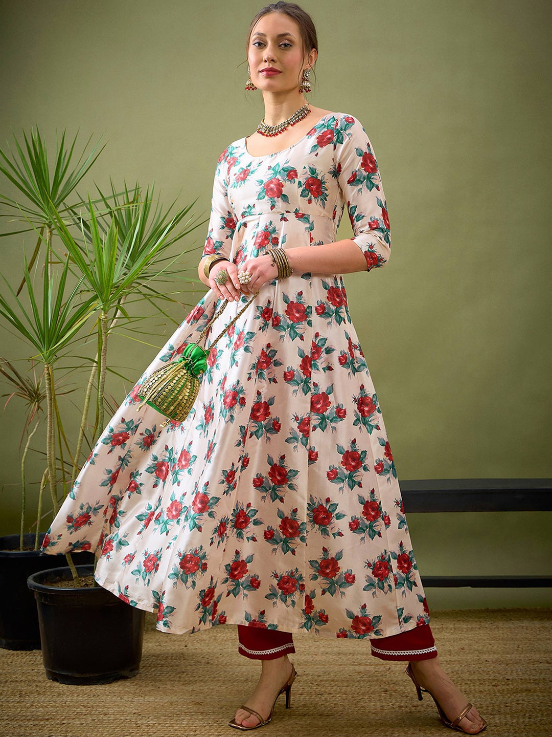 

Shae by SASSAFRAS Floral Printed Round Neck Anarkali Kurta, Cream