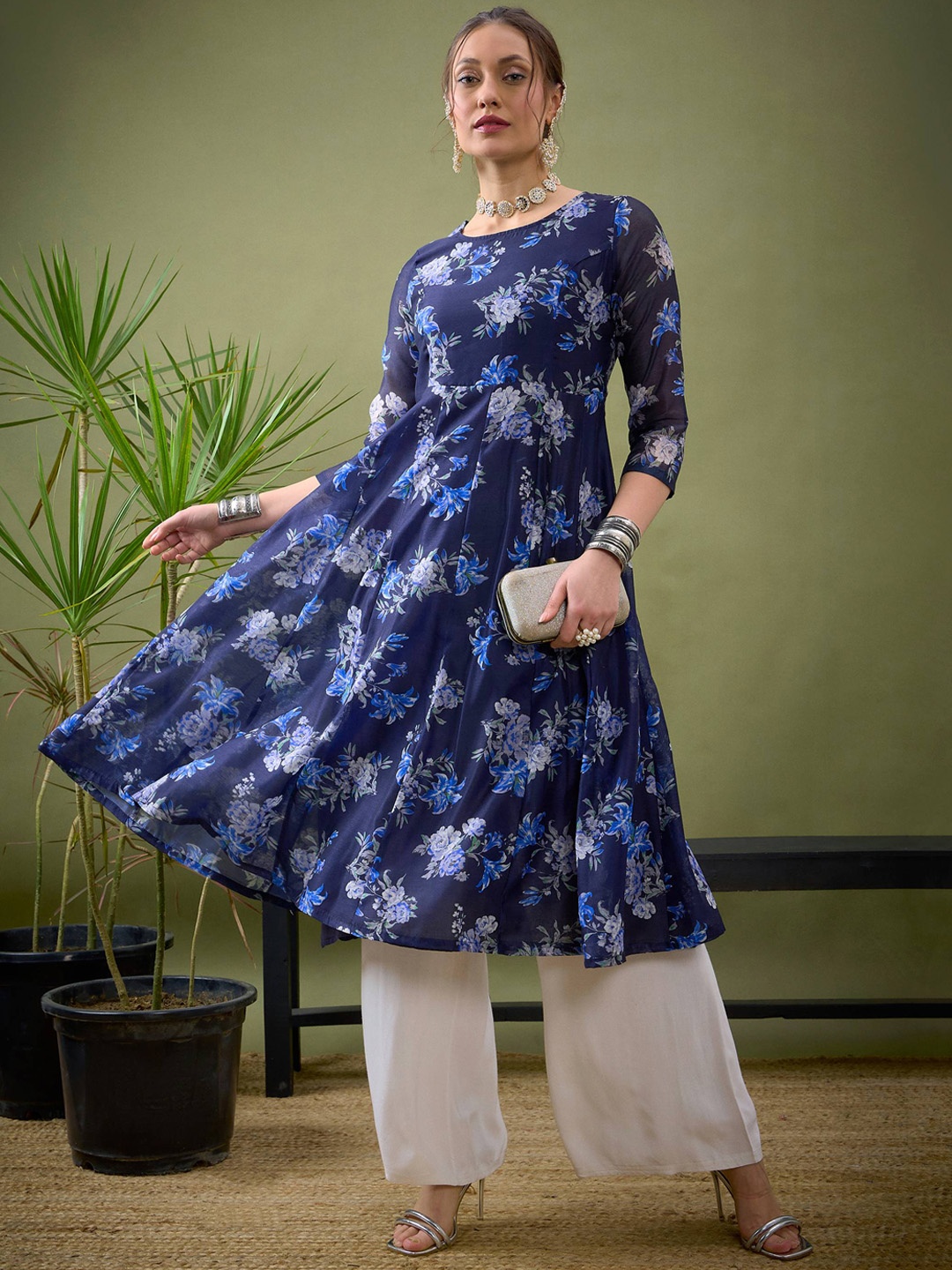 

Shae by SASSAFRAS Floral Printed Round Neck Chanderi Silk Anarkali Kurta, Navy blue