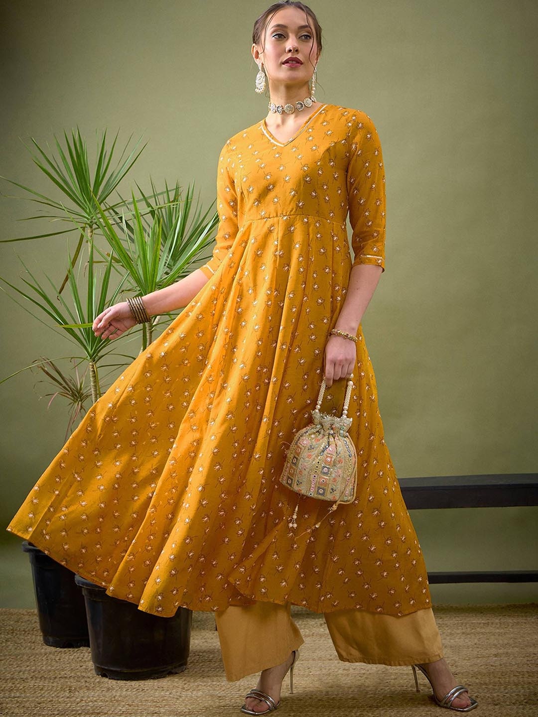

Shae by SASSAFRAS Floral Printed V Neck Gotta Patti Chanderi Silk Anarkali Kurta, Yellow