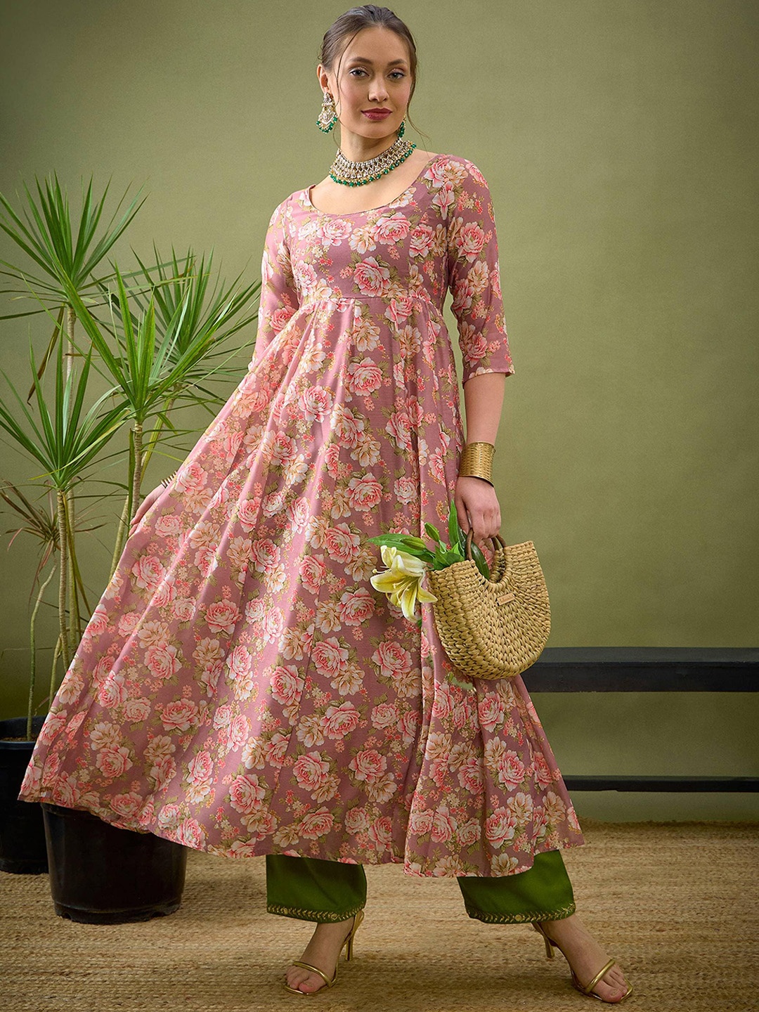 

Shae by SASSAFRAS Floral Printed Flared Thread Work Empire Chanderi Silk Anarkali Kurta, Mauve