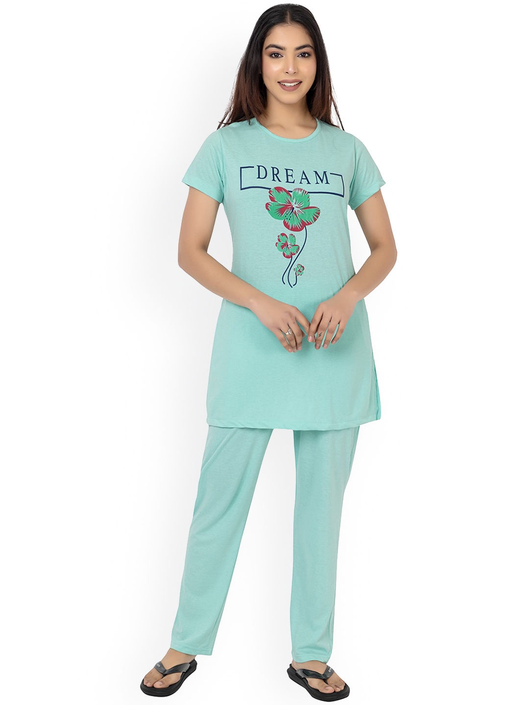 

Bell Paper Floral Printed Pure Cotton Top & Pyjama, Sea green