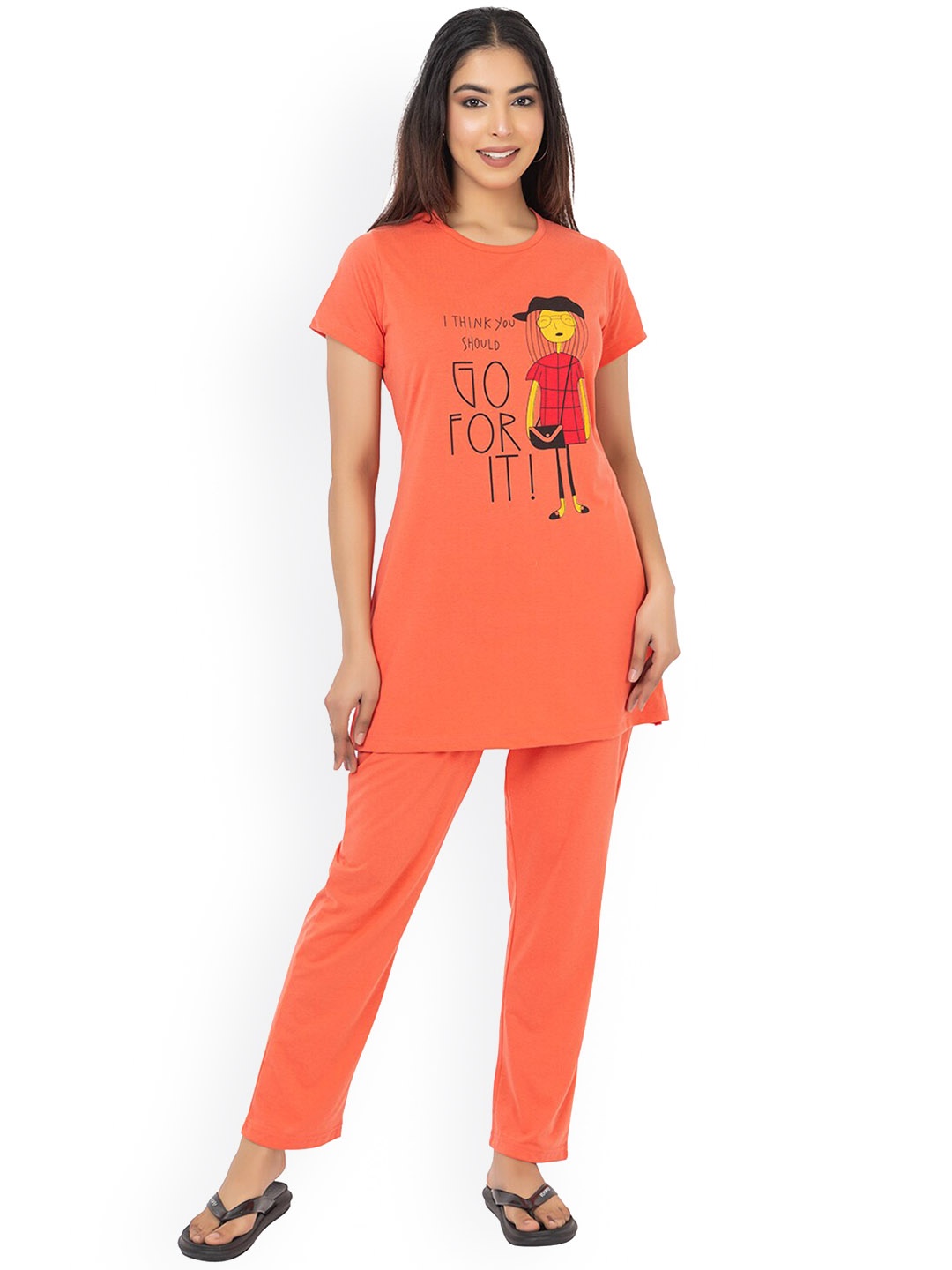 

Bell Paper Graphic Printed Pure Cotton Top & Pyjama, Orange