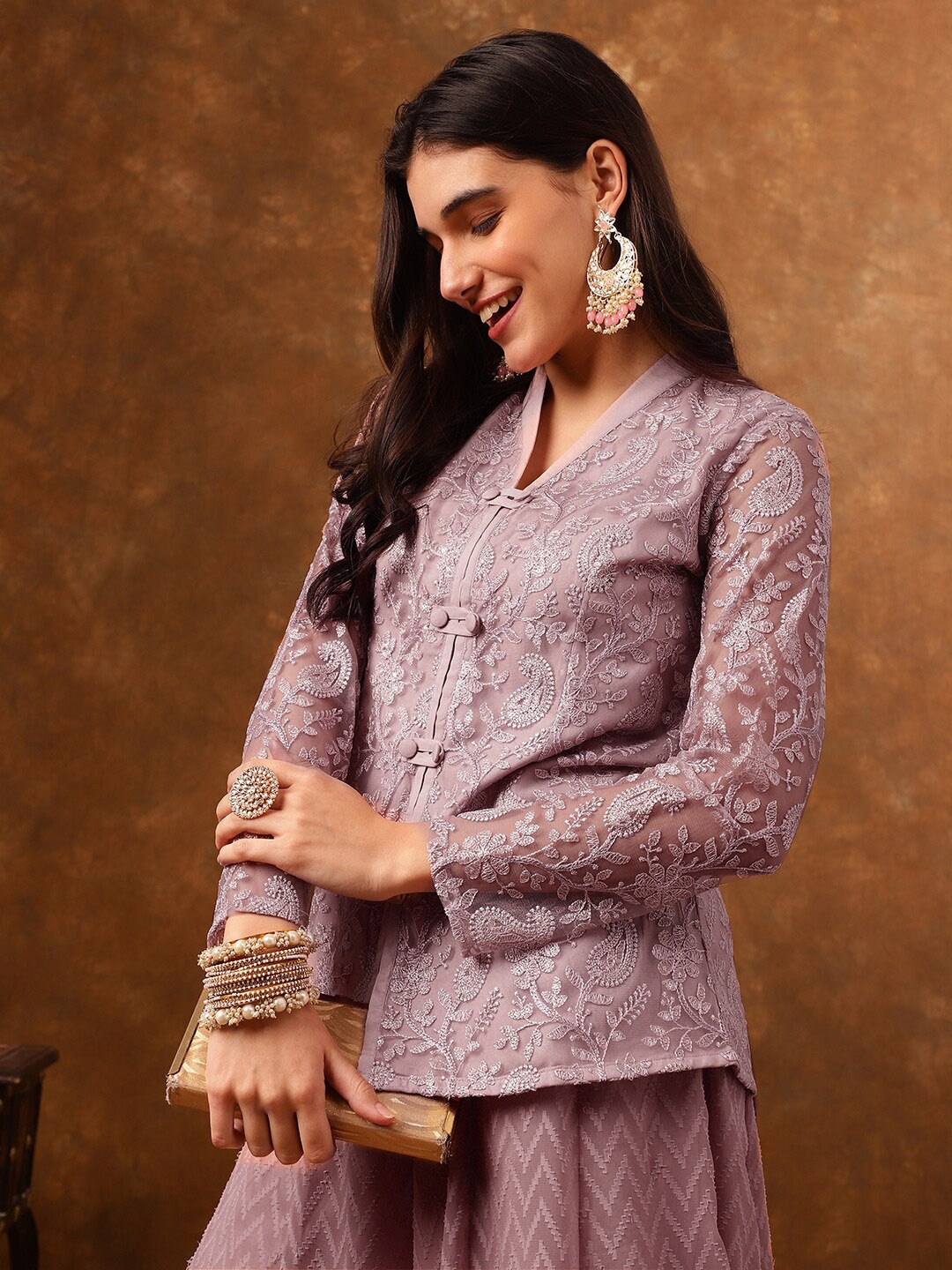 

Anouk Ethnic Motifs Embroidered Regular Top with Palazzos, Mauve