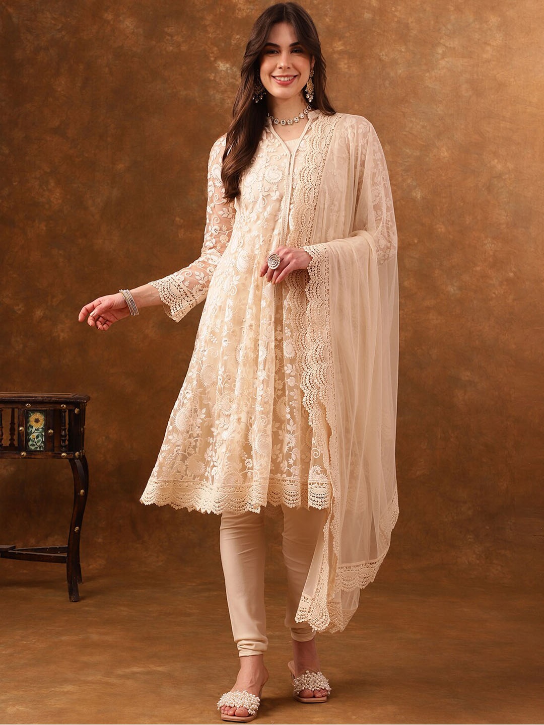 

Anouk Off White Ethnic Embroidered Anarkali Kurta with Churidar & Dupatta With Inner, Beige