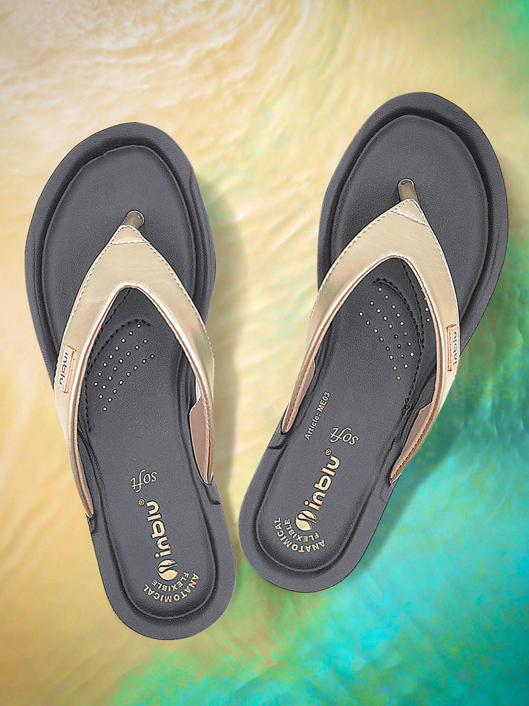 

Inblu Open Toe T-Strap Flats, Gold