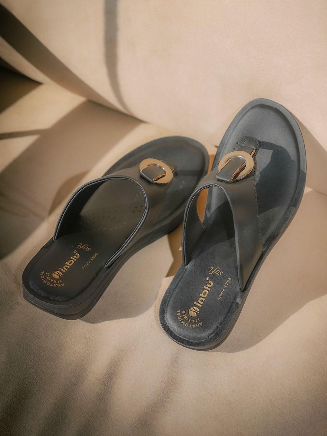 

Inblu Open Toe T-Strap Flats, Black