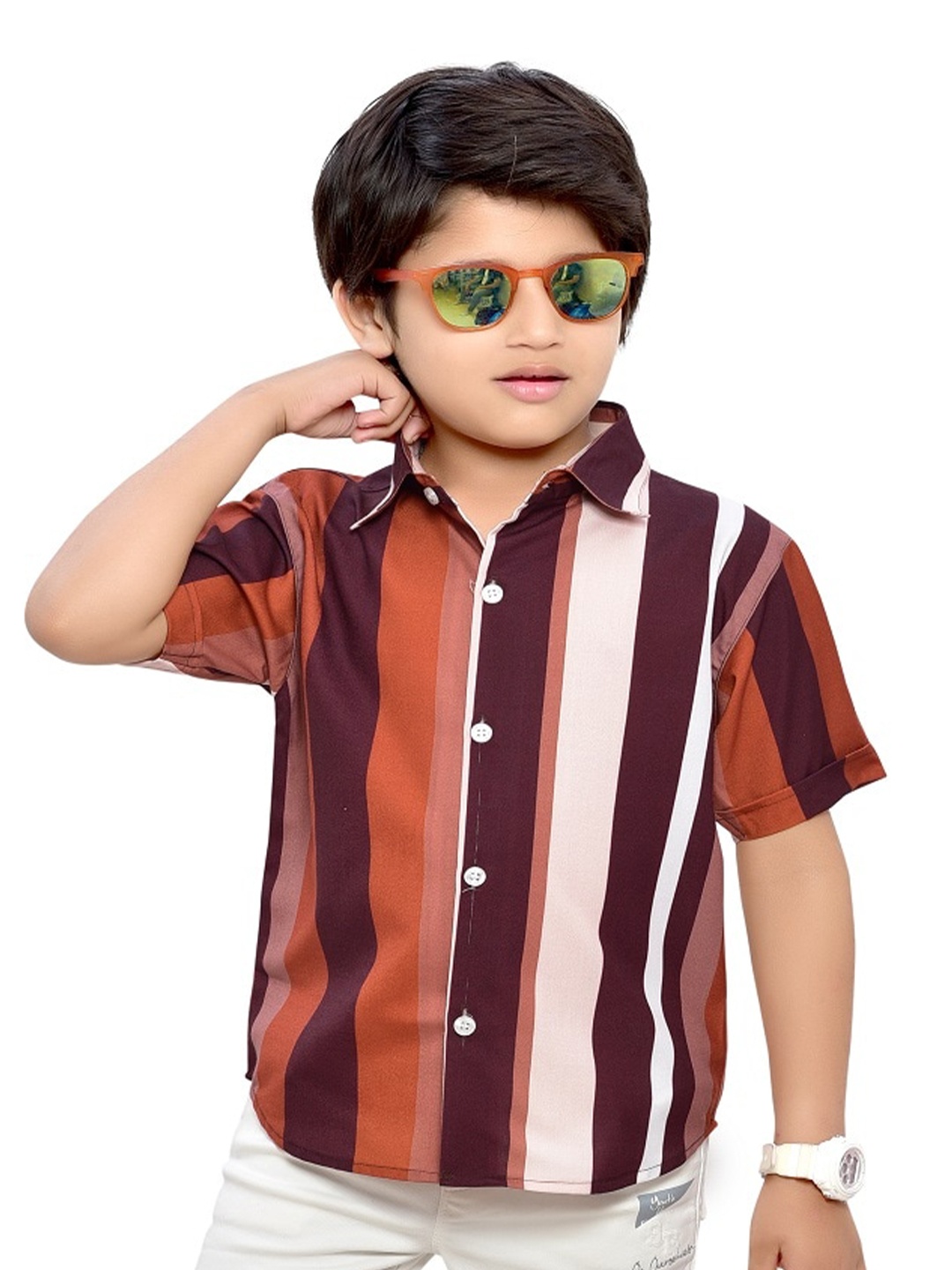 

BAESD Boys Comfort Vertical Stripes Spread Collar Cotton Casual Shirt, Brown