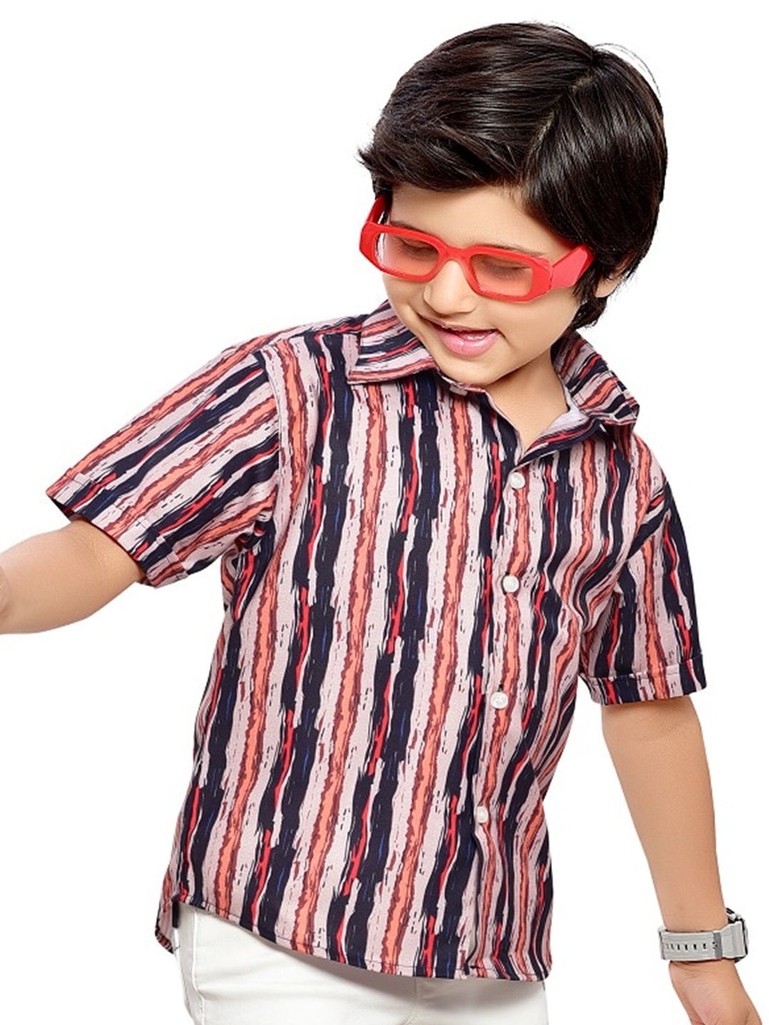 

BAESD Boys Striped Printed Spread Collar Cotton Casual Shirt, Red