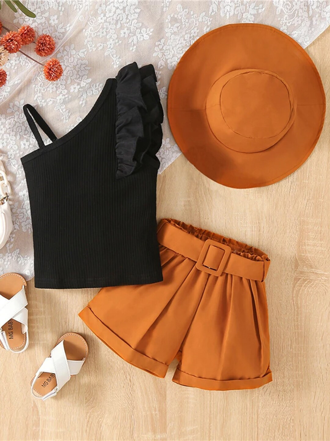 

Bold N Elegant Girls One Shoulder Top With Shorts & Hat, Brown