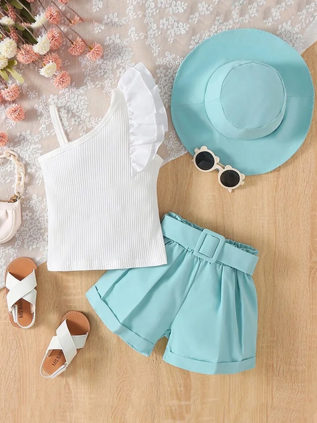 

Bold N Elegant Girls One Shoulder Top With Shorts & Hat, Green