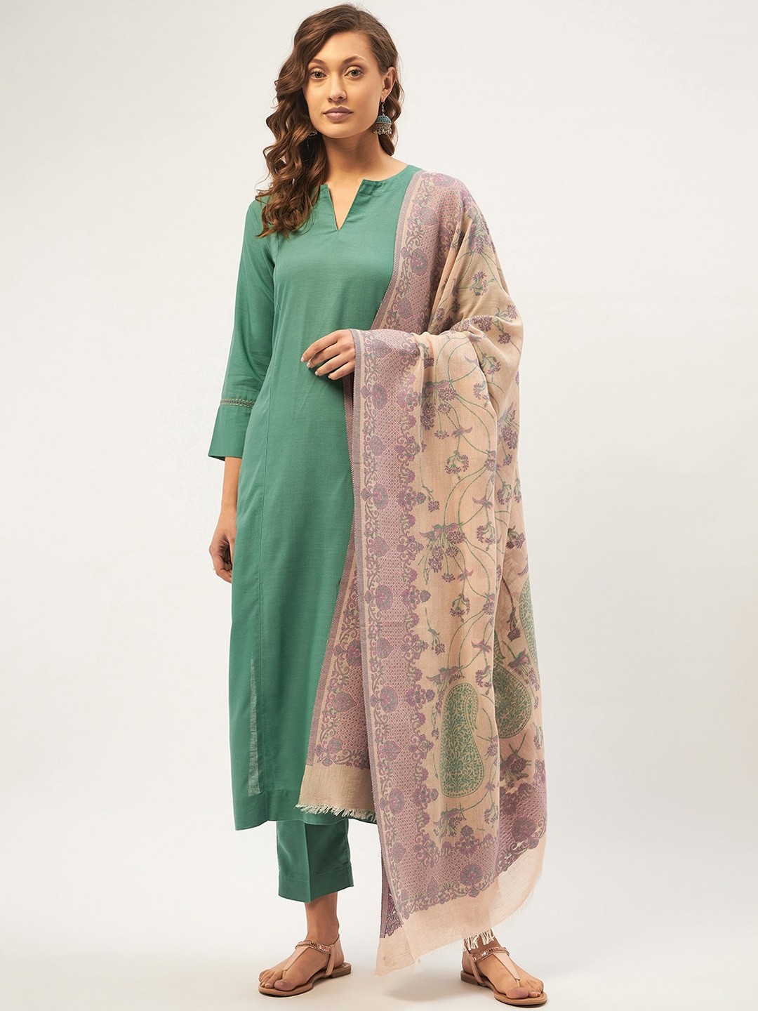 

STADO Notch Neck Straight Kurta & Trousers With Dupatta, Green