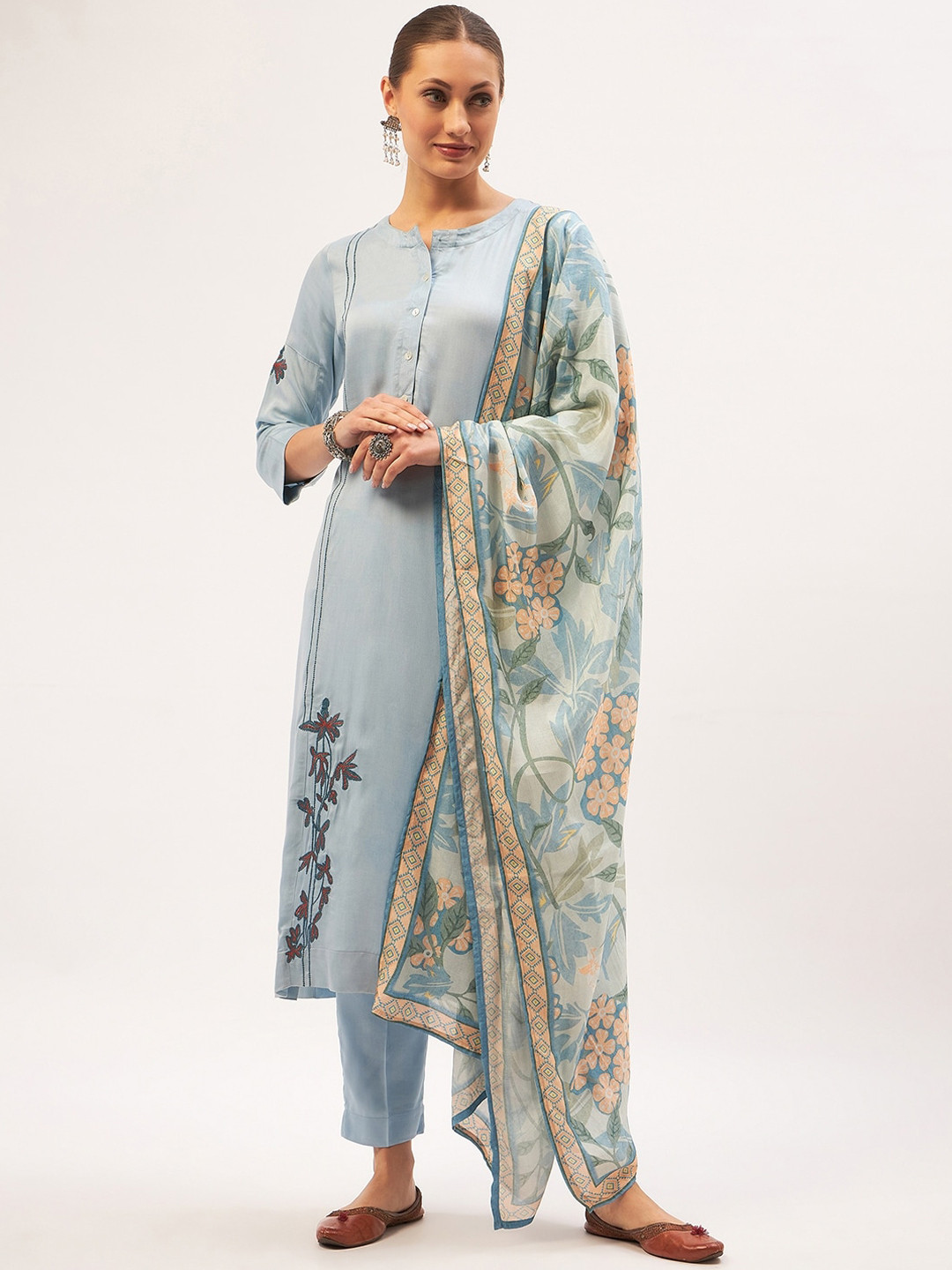

STADO Ethnic Motifs Embroidered Straight Kurta & Trousers With Dupatta, Blue