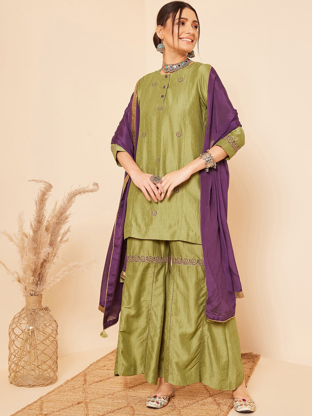 

STADO Floral Embroidered Straight Kurta & Sharara With Dupatta, Green