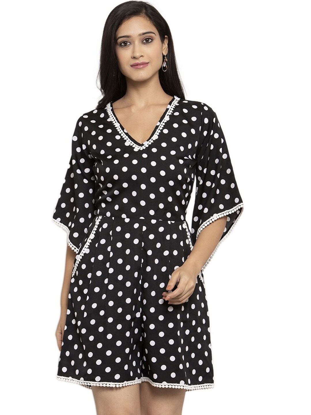

Karmic Vision Polka Dots Printed V-Neck Playsuit, Black