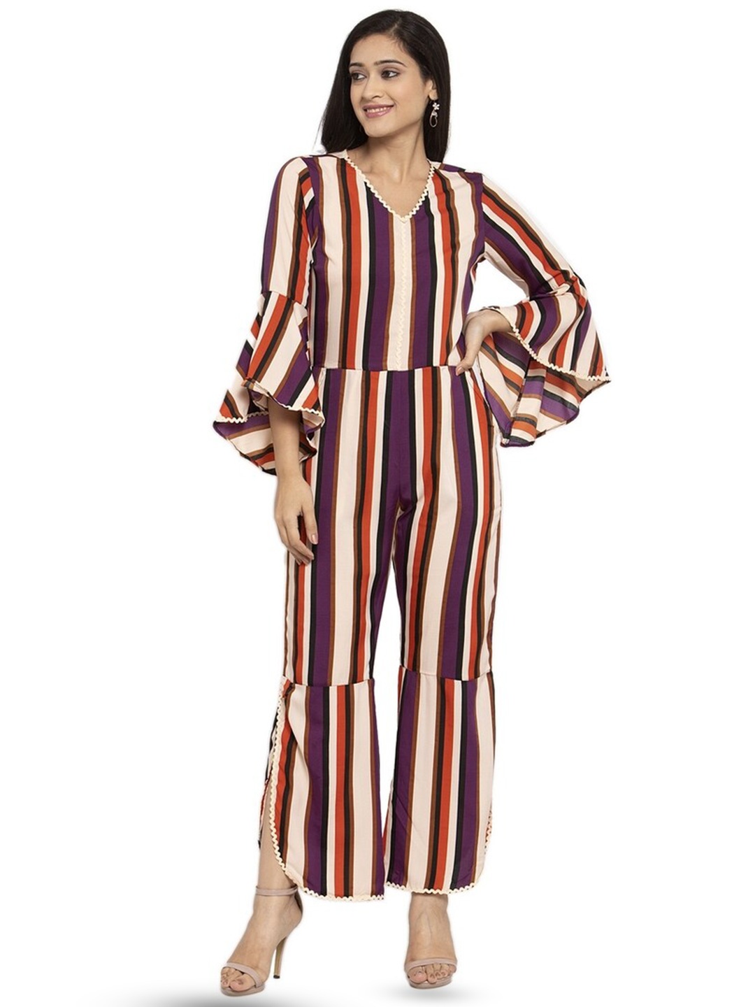 

Karmic Vision Striped V-Neck Bell Sleeve Basic Jumpsuit, Brown