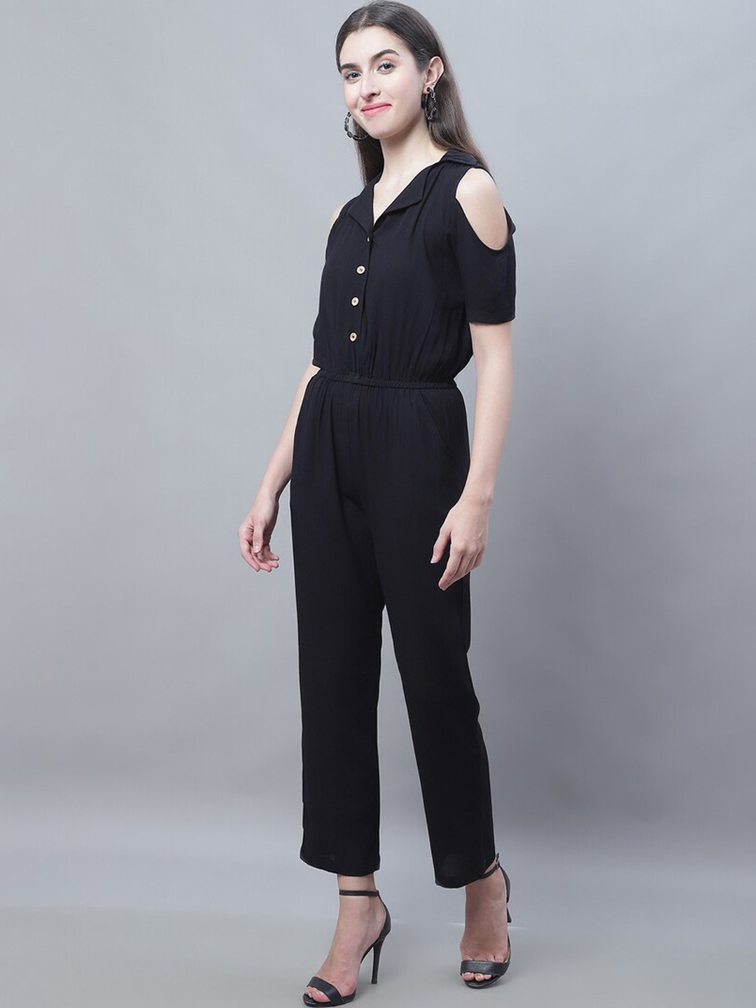 

Karmic Vision Shirt Collar Cold-Shoulder Jumpsuit, Black