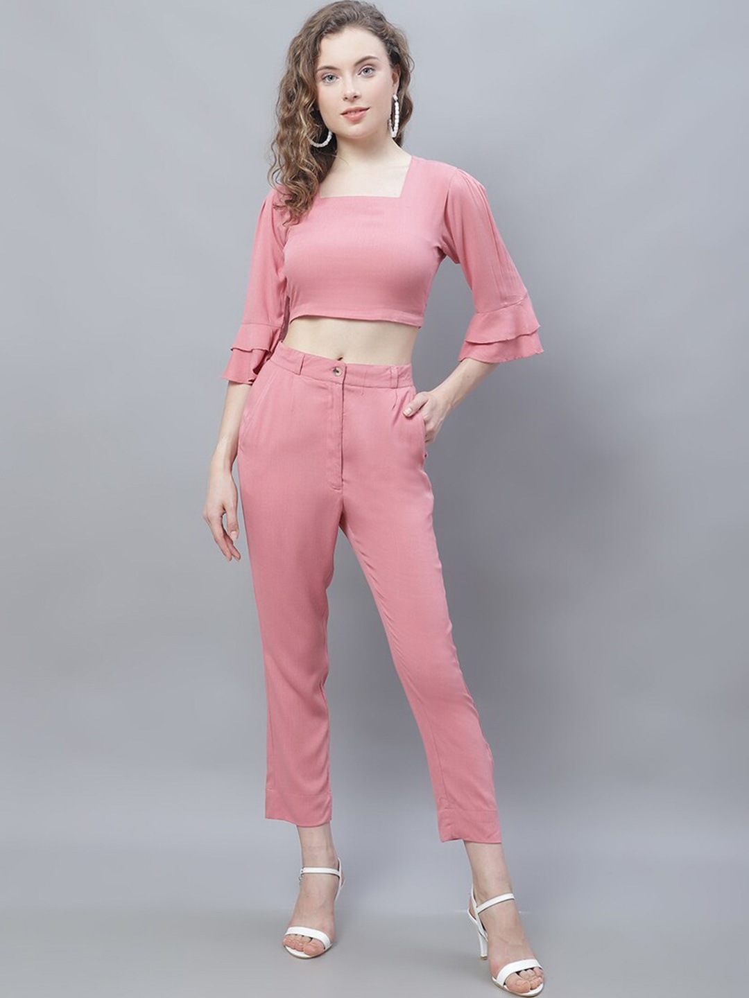 

Karmic Vision Square Neck Bell Sleeves Crop Top With Trousers, Pink