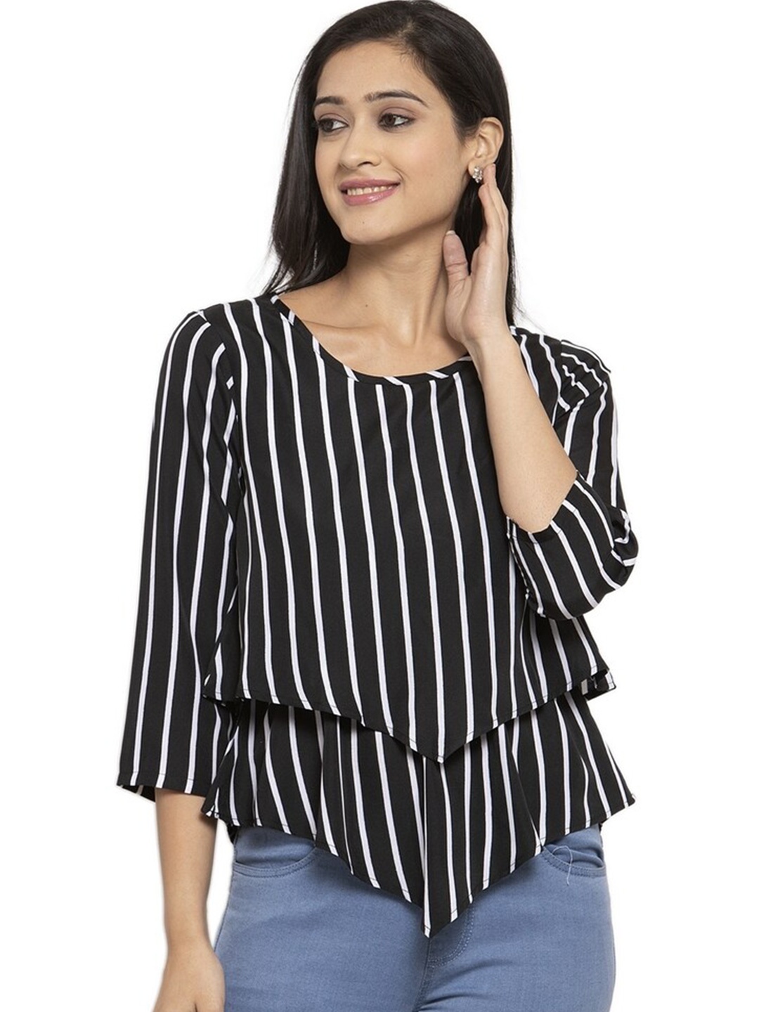 

Karmic Vision Vertical Striped Round Neck Crepe Casual Top, Black