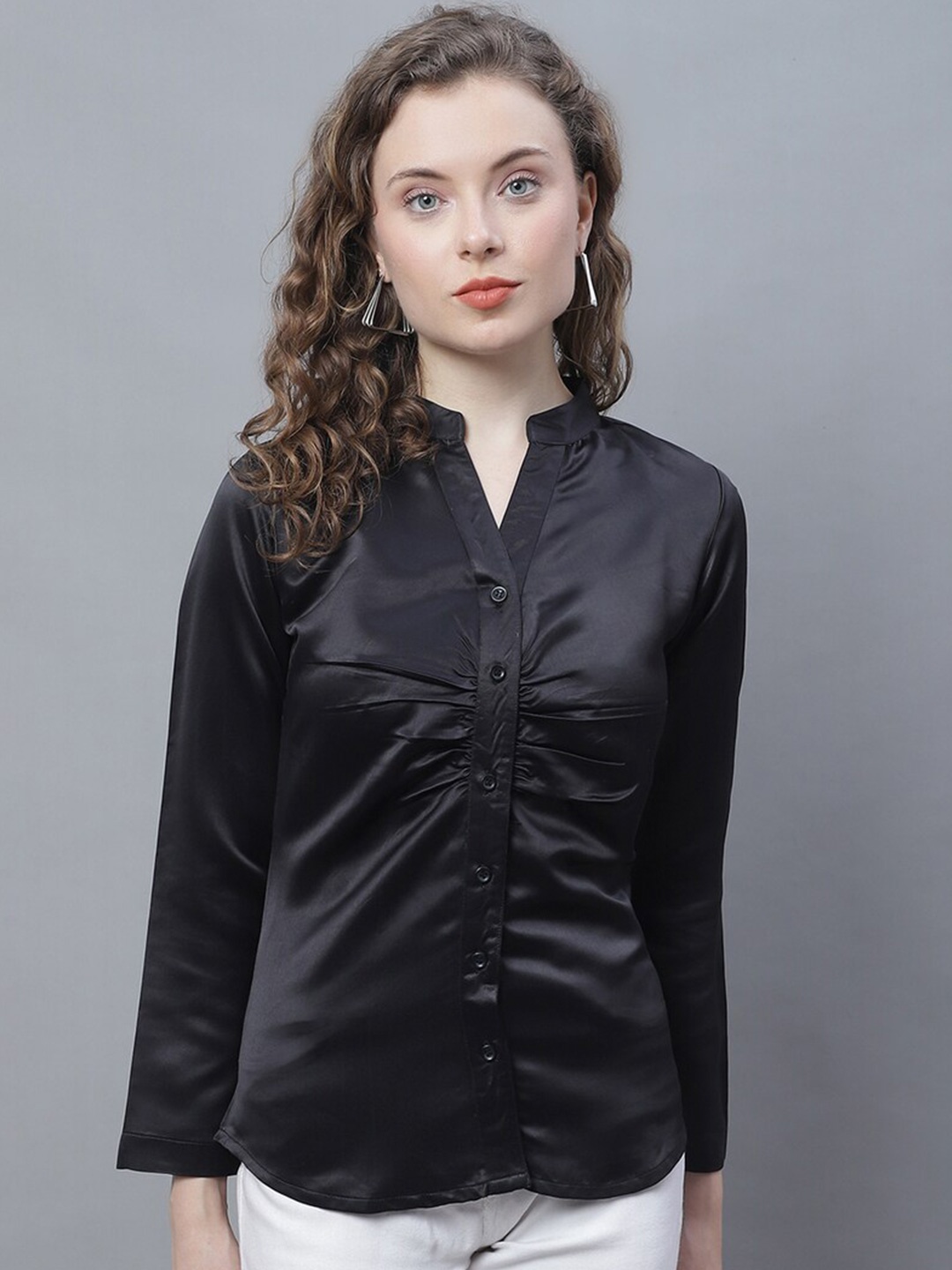 

Karmic Vision Mandarin Collar Crepe Shirt Style Top, Black