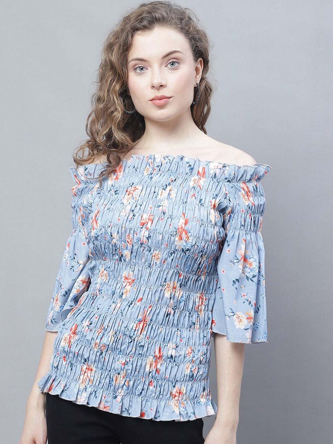 

Karmic Vision Floral Print Off Shoulder Smocking Bardot Top, Blue