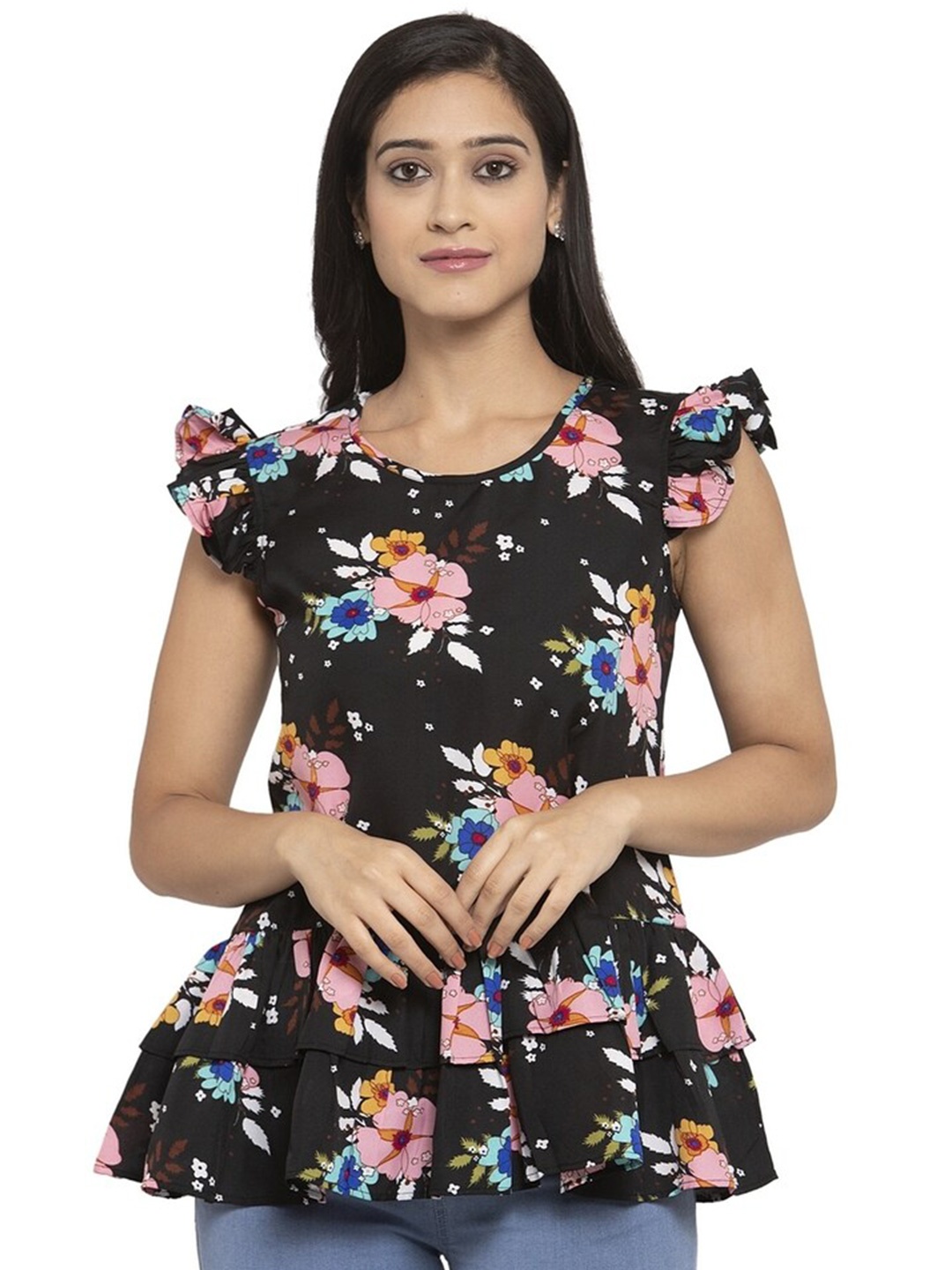 

Karmic Vision Floral Print Flutter Sleeve Crepe Peplum Top, Black