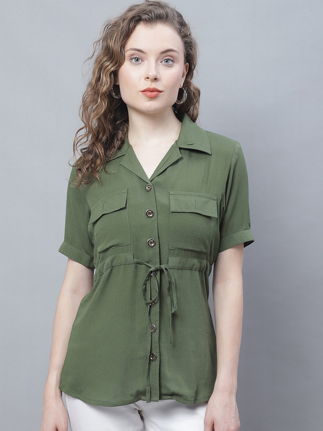

Karmic Vision Shirt Collar Short Sleeves Shirt Style Casual Top, Olive